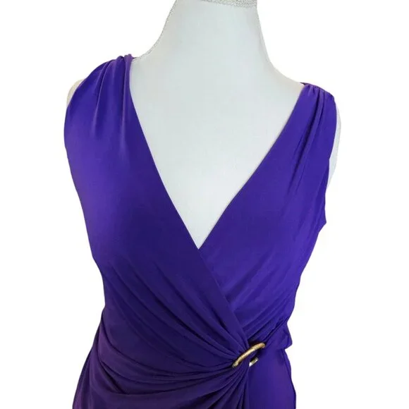 Y2K Lauren Ralph Lauren Sz 4 Purple Jersey Faux Wrap Dress Sleeveless Below Knee - Picture 4 of 13